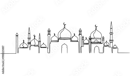 Islamic mosque skyline one line vector minimalist continuous drawing