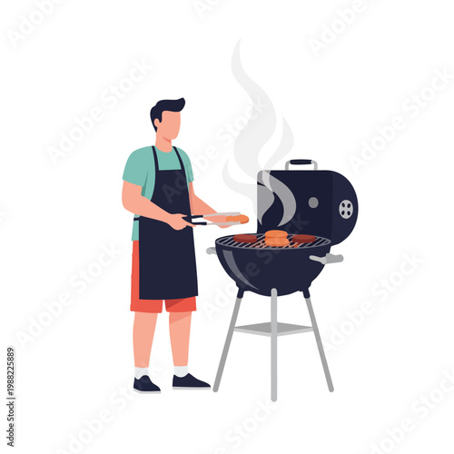 Man Grilling Hot Dogs and Burgers on Barbecue Grill