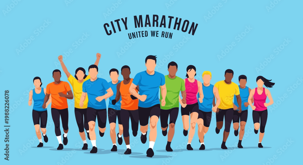 Obraz premium Group Of Runners Participating In a City Marathon, Unity And Sporting Event