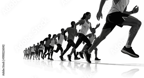 Group Of Runners In Motion On White Background Showing Fitness And Competition