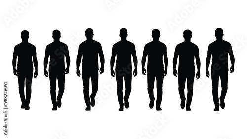 A row of seven silhouetted men walking forward presented in a minimalist style