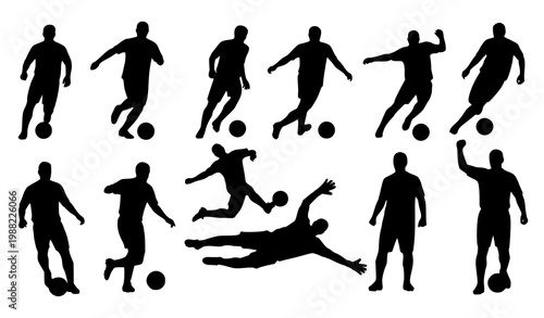 Soccer player silhouettes vector football action pose set
