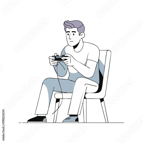Gamer playing video game, sitting on chair, holding controller, focused, modern illustration