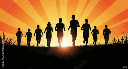 Group Of Runners Silhouetted in Front Of Golden Sunset Sky Together Forever
