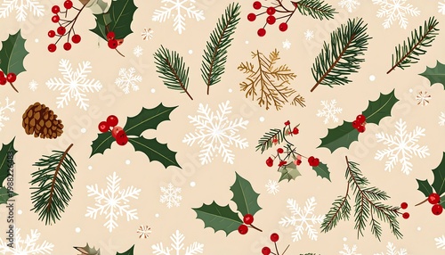 Festive pattern featuring holly, snowflakes, pine branches, and berries scattered across a cream background, creating a joyful, seasonal design
