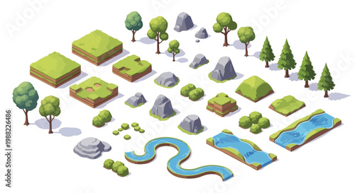 Isometric Game Environment Vector Asset Pack with Grass Tiles, Trees, Rocks, and Rivers