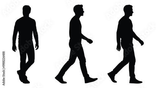 Three silhouetted men walking in different stages of stride against a white background