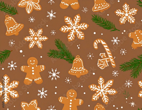 Festive pattern featuring gingerbread cookies, snowflakes, candy canes, and evergreen branches, creating a warm holiday aesthetic