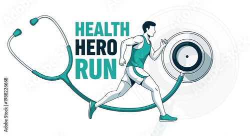 Healthy Runner Concept with Stethoscope, Heroic Running and Healthcare Symbols