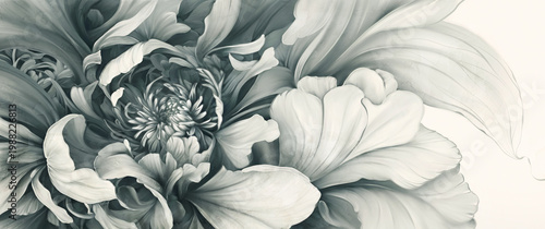 monochrome drawing of flowers and leaves in a decorative style with a watercolor texture