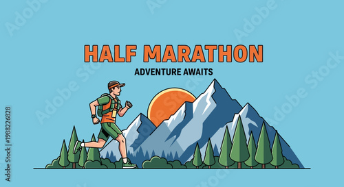 Half Marathon Adventure: Runner in Landscape with Mountains and Sunrise Illustration