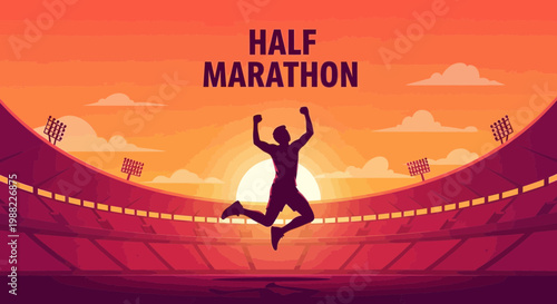 Half Marathon Athlete Celebrates Victory Under a Fiery Sunset at a Stadium