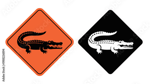 Alligator warning sign vector icon set for swamp and wildlife safety in orange and black diamond shapes