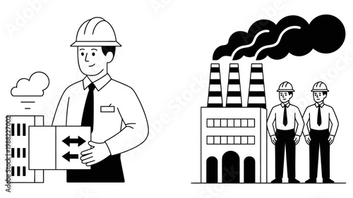 Professional black and white line art illustration showing industrial workers and factory processes for manufacturing and corporate communication