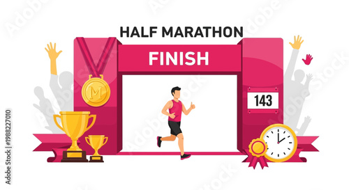 Half Marathon Finish Line Success Celebration And Victory Tropies