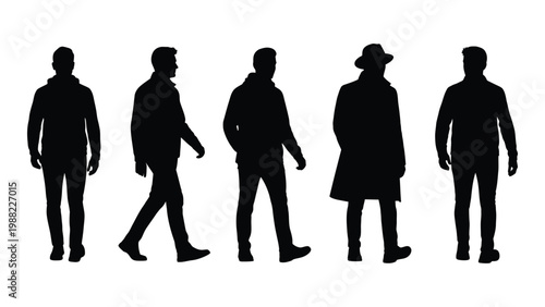 A collection of five silhouetted figures each displaying unique postures and attire