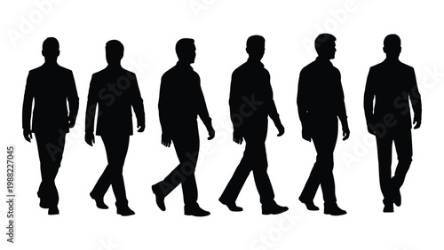 A row of six silhouetted men walking in the same direction appearing as a group