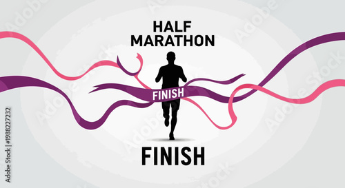 Half Marathon Runner Silhouette Reaching Finish Line With Flowing Ribbons Graphic