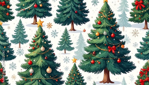 Festive pattern showcasing adorned, vibrant, evergreen conifers, interspersed with delicate snowflakes against a bright background