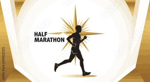 Half Marathon Runner Silhouette With Golden Burst And Abstract Background