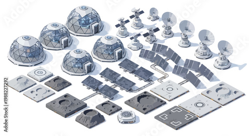 Isometric Sci-Fi Space Colony Base Elements Vector Set