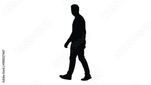 A silhouetted figure of a man walking forward against a plain white background