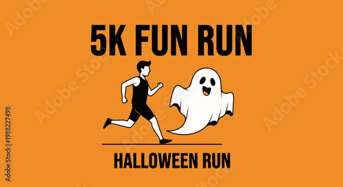 Halloween 5K Fun Run Illustration With Friendly Ghost and Enthusiastic Jogger