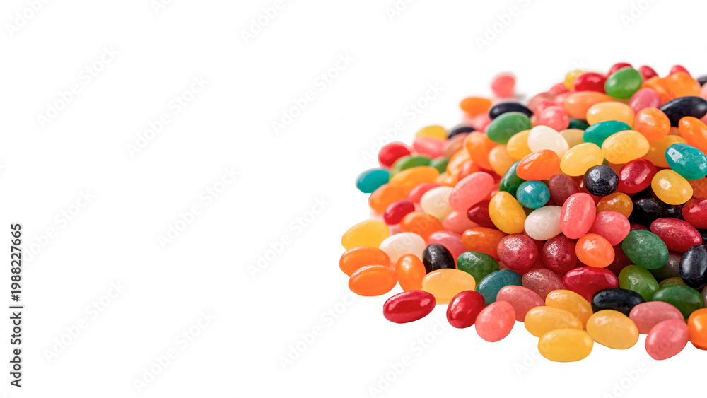 Obraz premium Colorful jelly beans scattered on a white background with various shapes and sizes in a random pile isolated on transparent background 