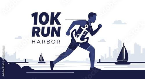 Harbor Run Illustration Featuring A Man Running Towards The City With An Anchor Design