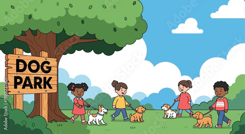 Happy Children Walking Adorable Dogs In A Lush Green Dog Park Scene
