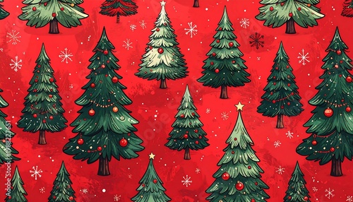 Festive pattern showcasing numerous detailed evergreen trees with ornaments and falling snowflakes against a vibrant red backdrop