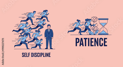 Illustration Depicting Self-Discipline and Patience Visualized with Abstract Figures