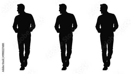 Three identical silhouettes of men standing in a row against a white background