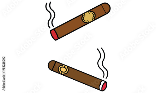 Smoking cigar illustration with brown tobacco roll and smoke lines isolated on white background