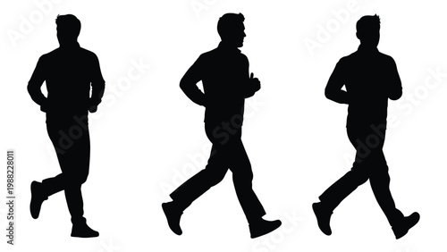 Three men walking in different poses depicted as black silhouettes against a white background