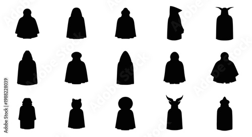 Diverse Silhouettes of Hooded Figures, Characters, and Fantasy Costumes on White Background