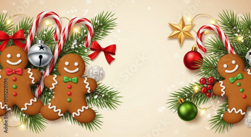 Christmas gingerbread cookies and festive decorations holiday season greeting card elements isolated on beige background