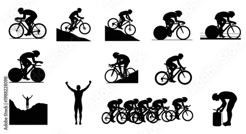 progression of cyclist silhouette stages from beginner to advanced in black and white vector style