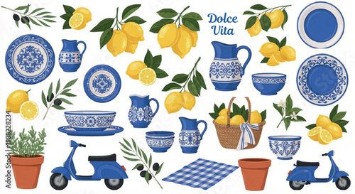 Mediterranean Dolce Vita vector set, Italian style lemons and blue ceramic pottery, rustic olive branches and blue scooters for summer design isolated PNG with Transparent Background