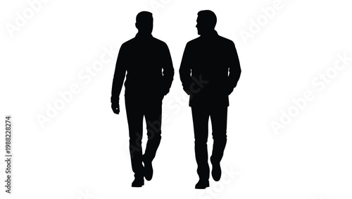 Silhouette of two men walking together against a plain white background