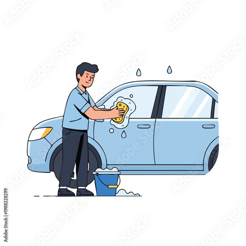 Man Washing Car. Outdoor Car Wash. Manual Cleaning. Water Splash.