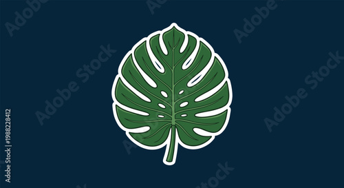 Green monstera deliciosa leaf with cutout patterns, flat design vector illustration on dark blue background