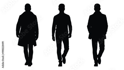 Three silhouetted men stand in a row against a stark white background