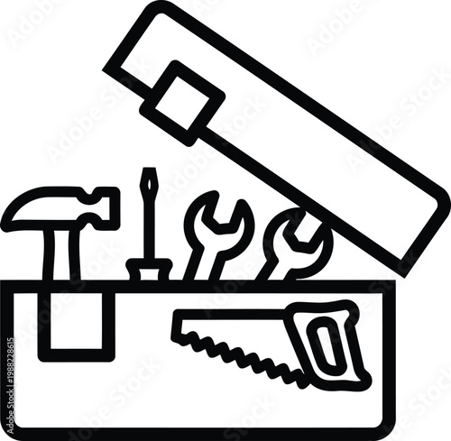 Toolbox with tools inside  hammer screwdriver wrench and saw