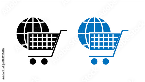 Outline icon set, illustration of shopping cart with globe representing global ecommerce, online shopping, and international retail business.