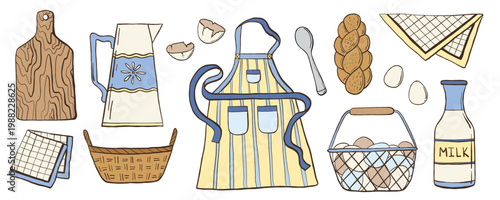 Hand drawn doodle kitchen tools and utensils set. Rustic line art apron, milk bottle, basket, napkin, jug, eggs, wooden cutting board elements. Vector kitchenware illustrations