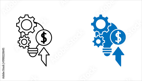 Outline icon set, illustration of gears with light bulb and dollar symbol representing financial innovation, business growth, and smart investment.