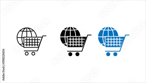Outline icon set, illustration of shopping cart with globe representing global ecommerce, online shopping, and international retail business.