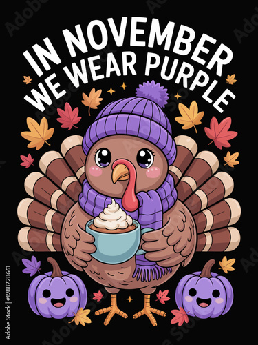 A cartoon turkey is dressed in a purple hat and scarf, holding a cup of hot chocolate.