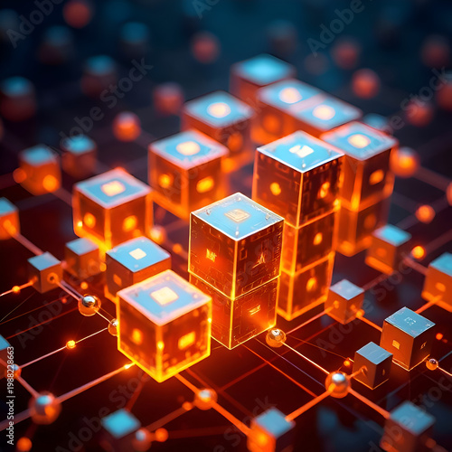 Glowing Blockchain Data Cubes Network – Futuristic Technology and Digital Ledger Concept